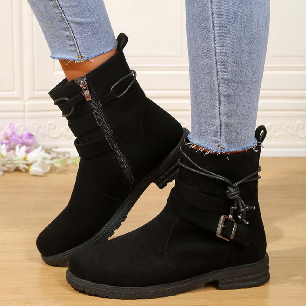 hopeusnice Women's Ankle Boots Suede Buckle Zipper Winter Booties Warm Flat Shoes Comfortable Low Heel Boots Beige 36