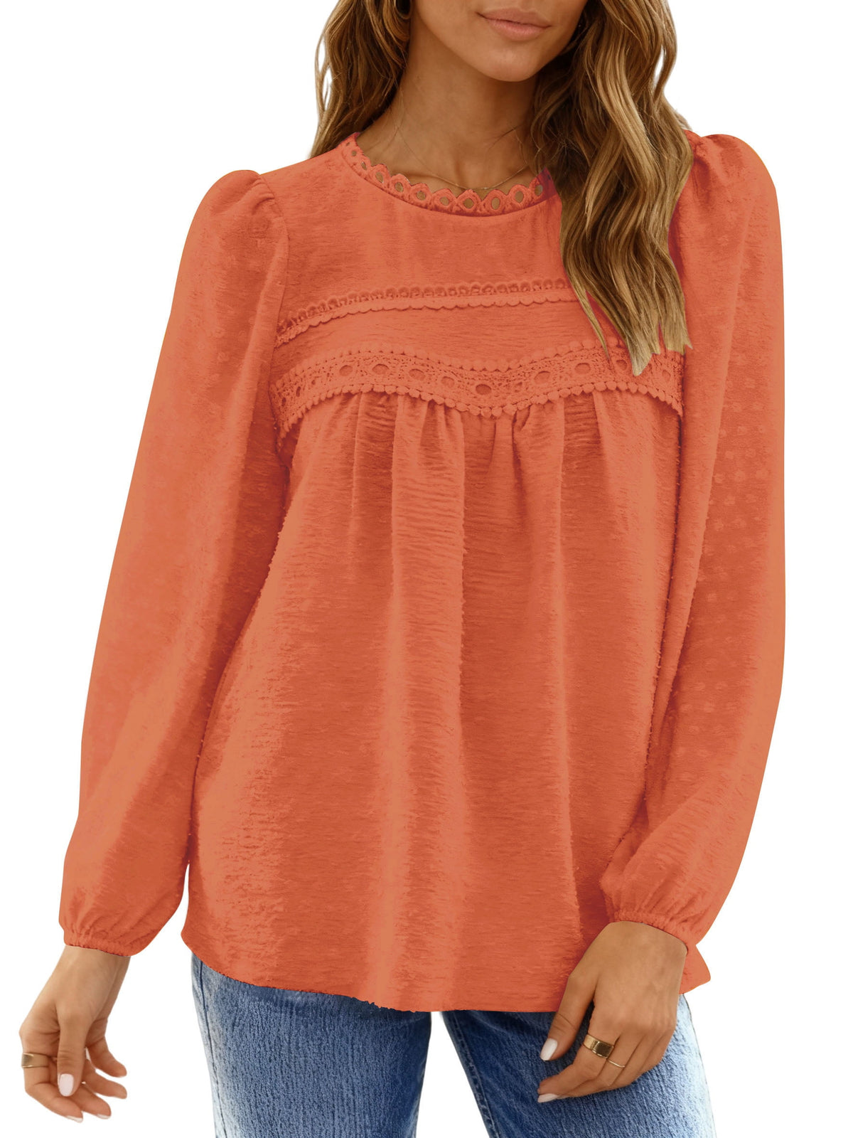 UVN Fall Shirts for Women Long Sleeve Blouses Ladies Crewneck Lace Crochet Tops Dressy Chiffon Blouses