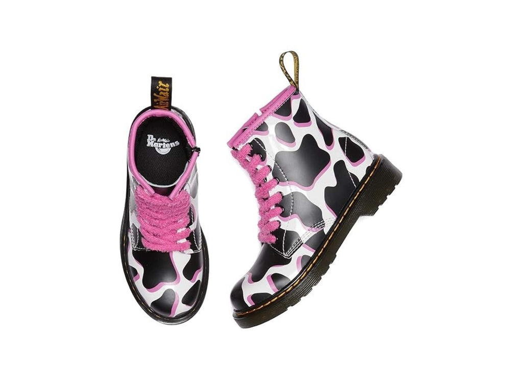 Dr. Martens 1460 Kids 4 Black White Pink Cow Print Patent Lamper Boots JOBB025