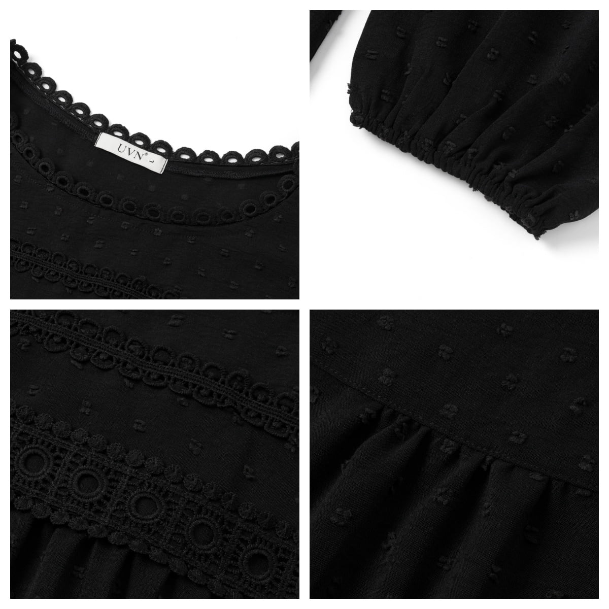 UVN Fall Shirts for Women Long Sleeve Blouses Ladies Crewneck Lace Crochet Tops Dressy Chiffon Blouses