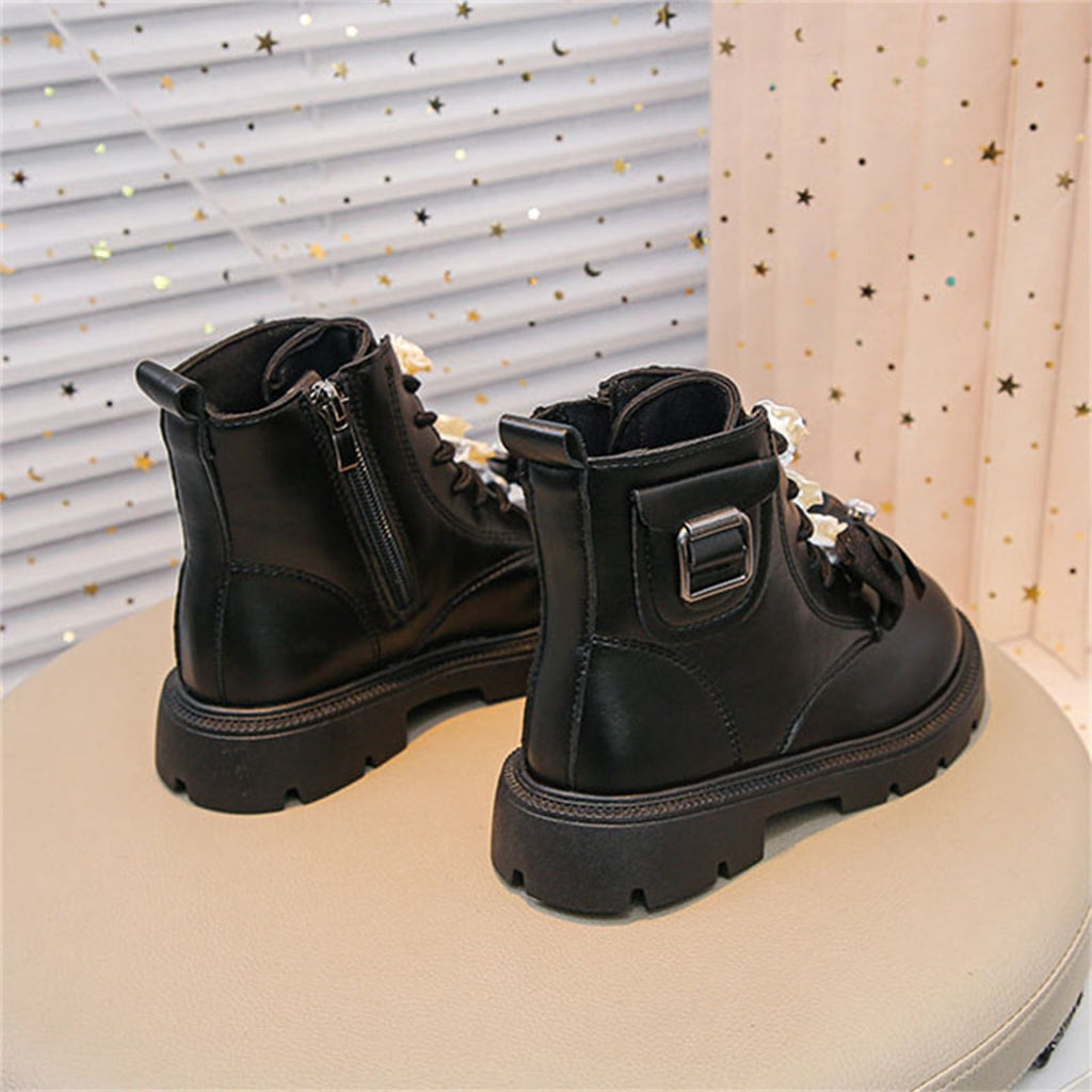 BXJX Girls Ankle Boots with Zipper, Bow Fall Winter Soft Sole Slip-Resistant Lace Up Boots Beige Size 13.5 Little Kids