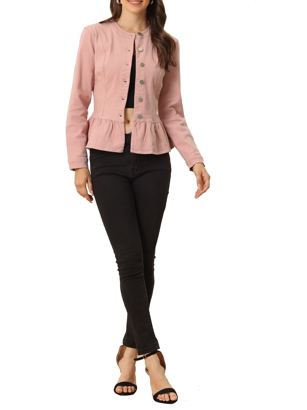INSPIRE CHIC Women's Denim Jackets Button Down Peplum Hem Long Sleeves Cropped Jean Jackets White L