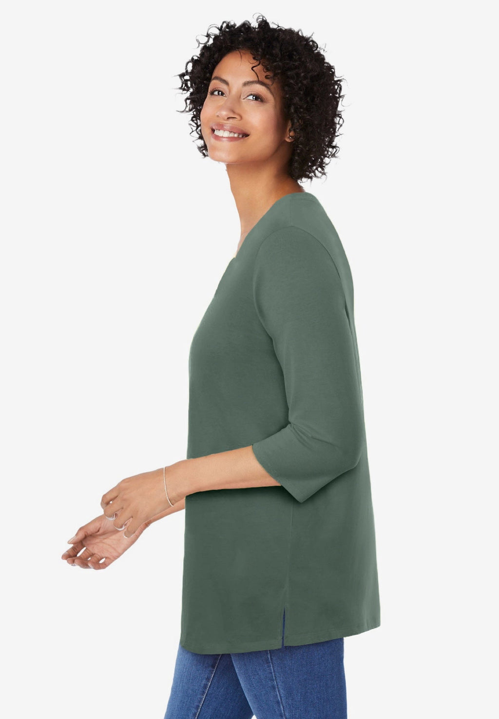 Woman Within Plus Size Perfect Three-Quarter Sleeve V-Neck Tunic