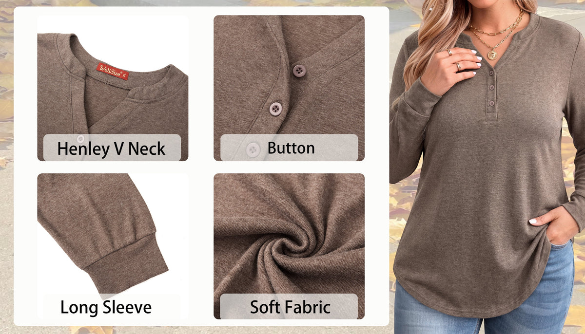 WellSize Plus Size Blouses for Women Henley V Neck Tops Casual Long Sleeve Button Shirts Fall Pullover Outfit