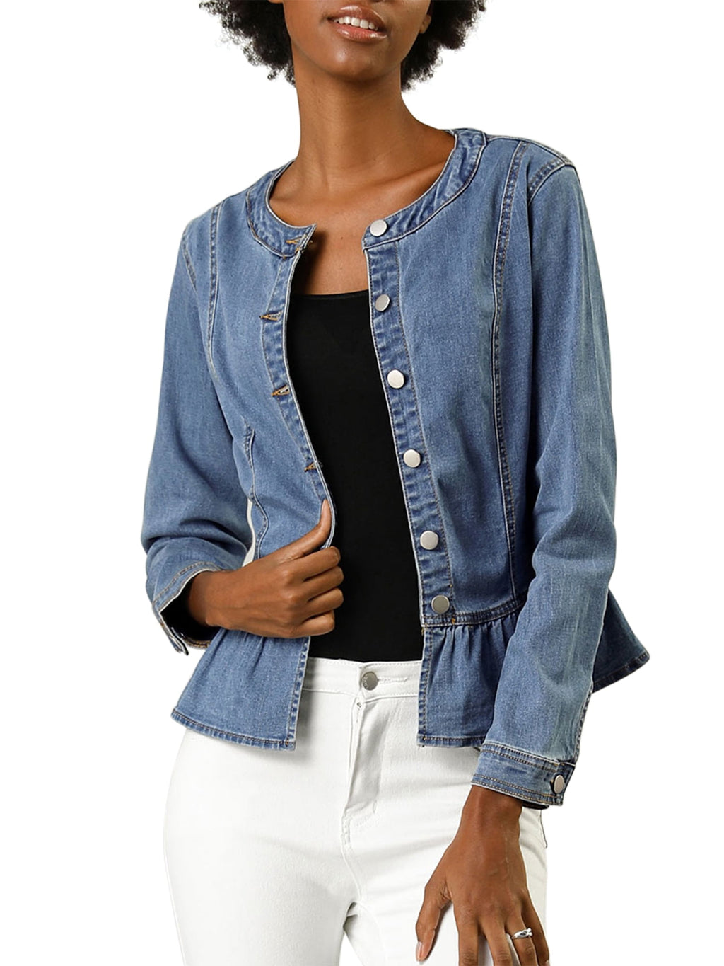 INSPIRE CHIC Women's Denim Jackets Button Down Peplum Hem Long Sleeves Cropped Jean Jackets White L