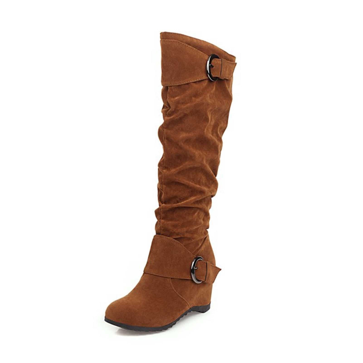 hopeusnice Women's Over The Knee Boots Suede Buckle Wedge Heel Winter Warm Boots Fashion Slouchy Boots Knee High Boots Brown 35