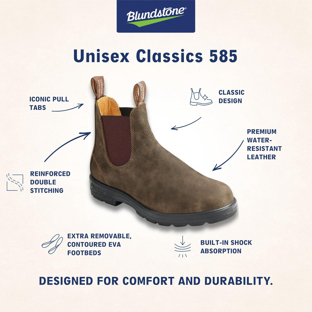 Blundstone 585 Unisex Classic Series Chelsea Boot for Men and Women with Shock Absorption and Premium Water Resistant Leather, Rustic Brown, 7.5 US Men / 9.5 US Women / 6.5 AU - AUTHORIZED DEALER