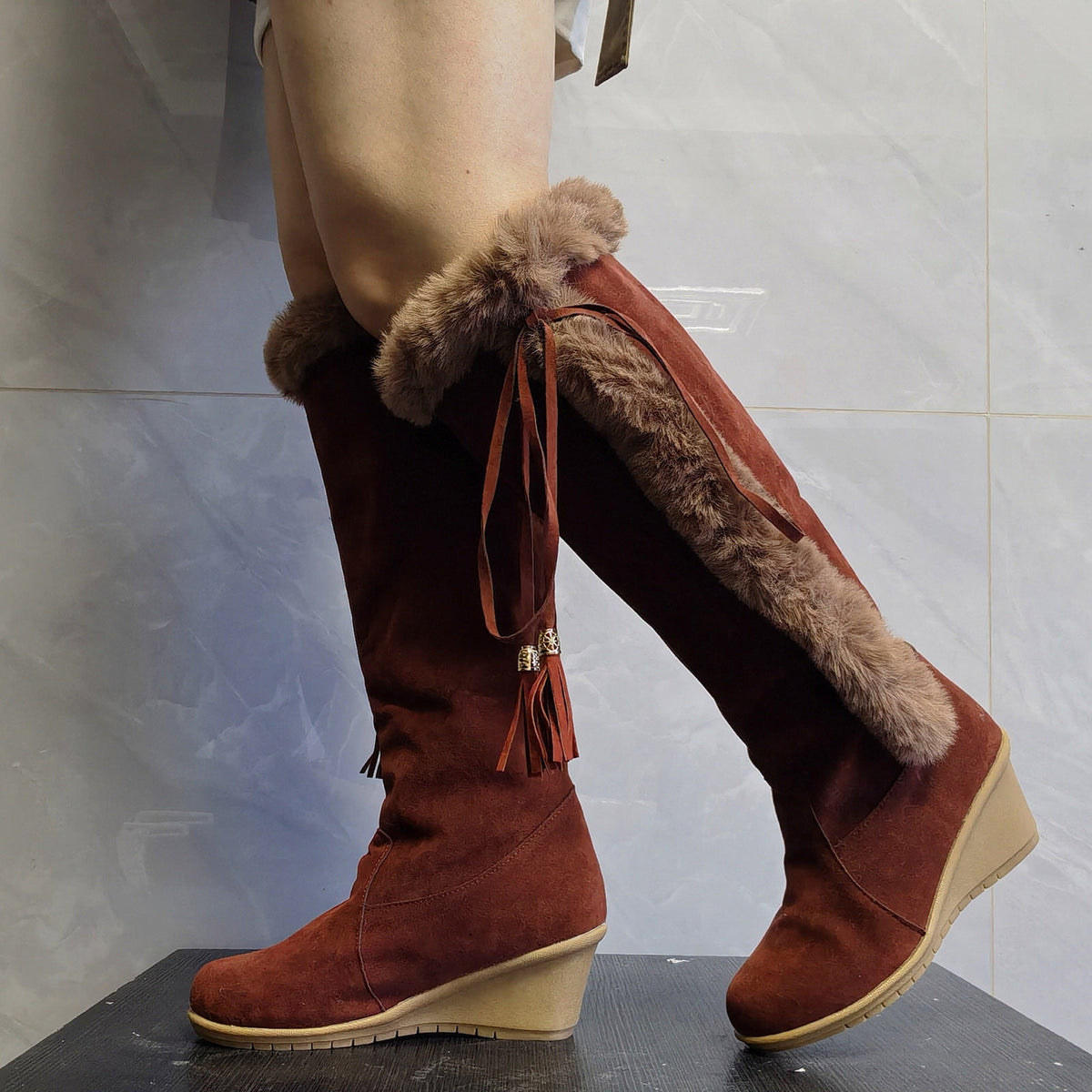Women's Winter Boots Fuzzy Fleece Lined Wedge Heel Knee High Booties Tassel Buckle Closure Warm Snow Boots Comfortable Fashion Footwear Black 35