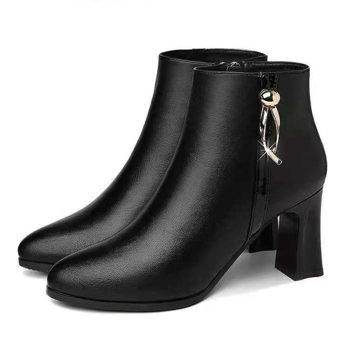 hopeusnice Women's Ankle Boots Pointed Toe Zipper Block Heel Booties Comfortable Leather Shoes Fall Winter Dressy Shoes Black 38