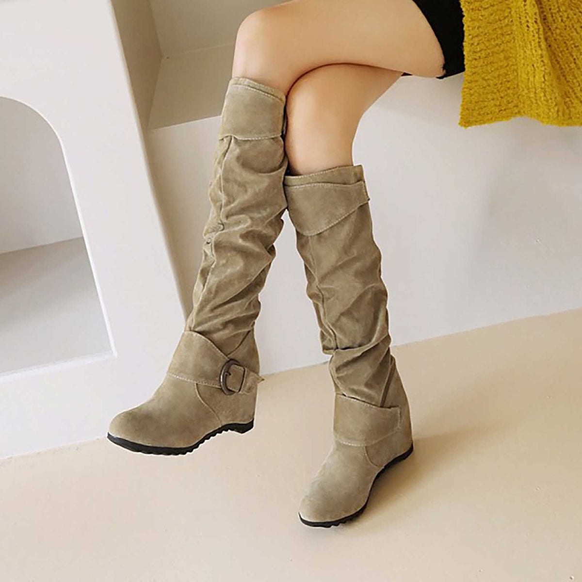 hopeusnice Women's Over The Knee Boots Suede Buckle Wedge Heel Winter Warm Boots Fashion Slouchy Boots Knee High Boots Brown 35