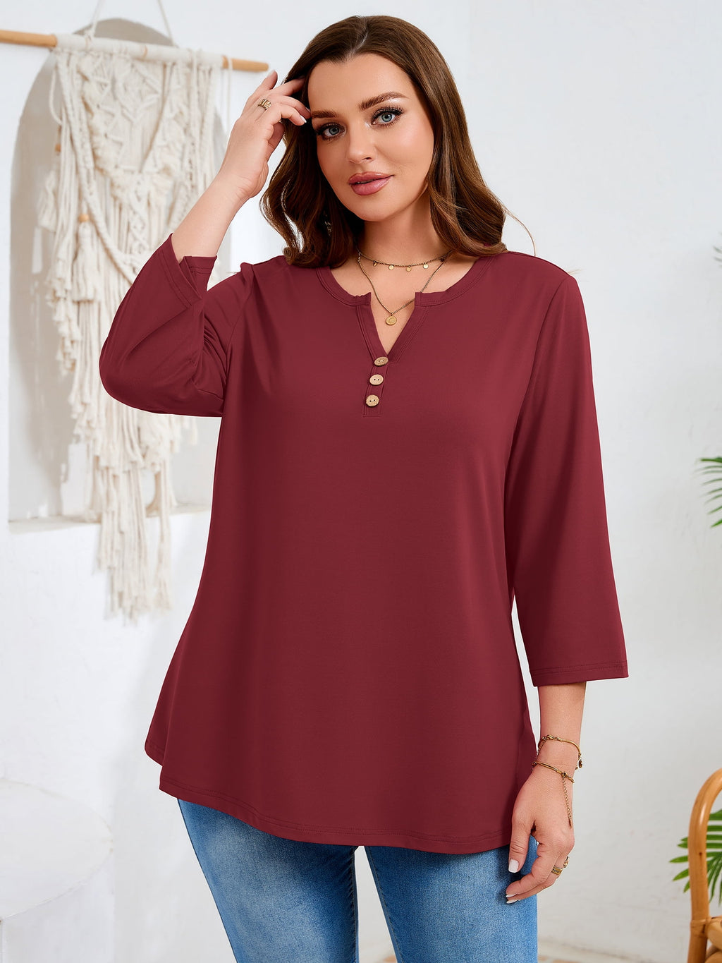SHOWMALL Plus Size Tops for Women, 3/4 Sleeve Button V Neck Casual Tunic Blouse, Green, Size 4X