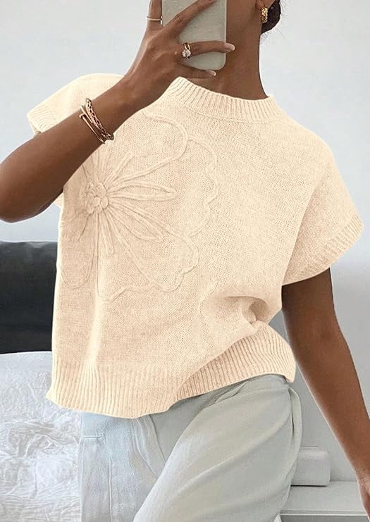 PRETTYGARDEN Women's Spring Sweater Vest Trendy Flower Knit Short Sleeve Cute Pullover Tank Tops Summer Fashion Clothing