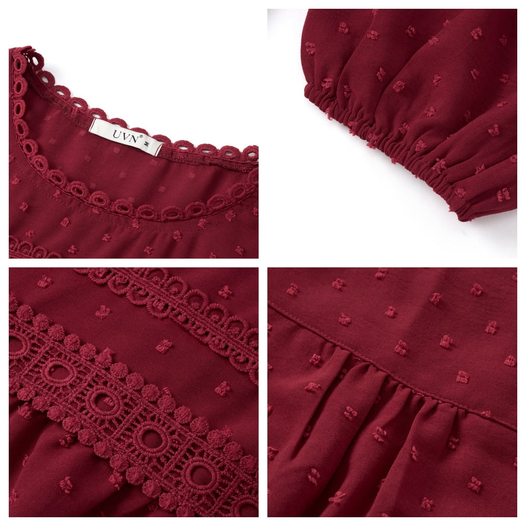 UVN Fall Shirts for Women Long Sleeve Blouses Ladies Crewneck Lace Crochet Tops Dressy Chiffon Blouses
