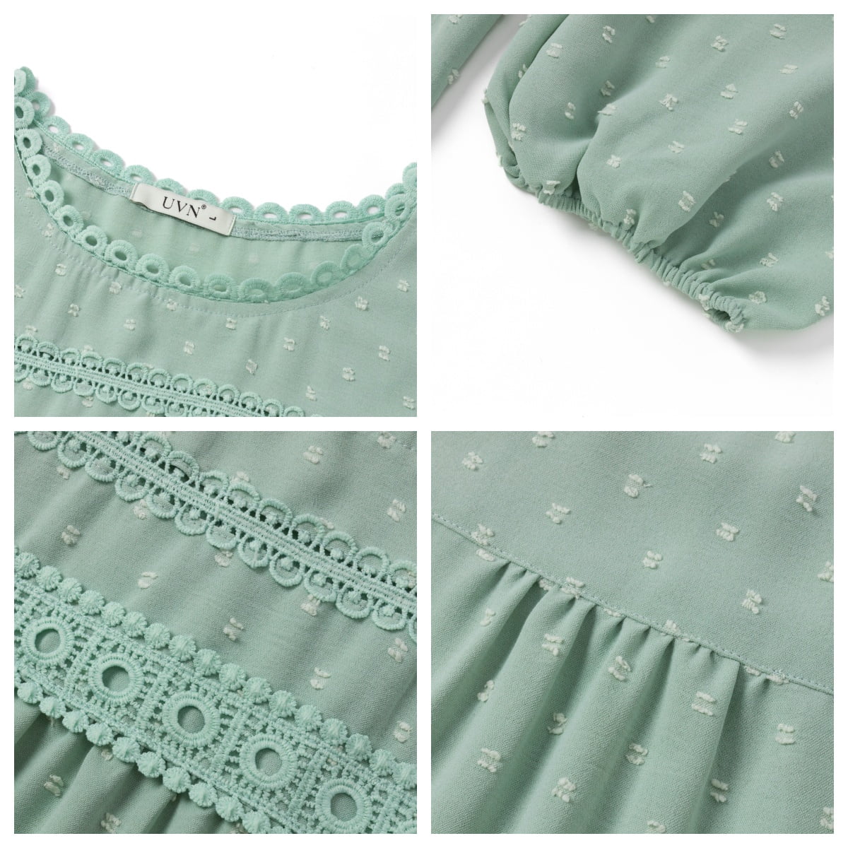 UVN Fall Shirts for Women Long Sleeve Blouses Ladies Crewneck Lace Crochet Tops Dressy Chiffon Blouses