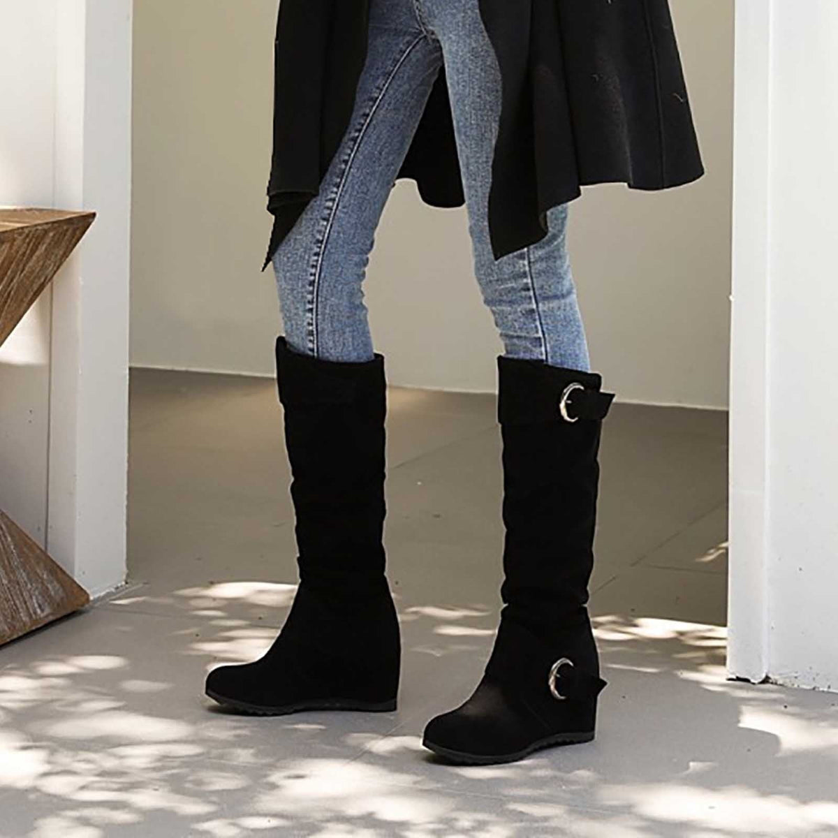 hopeusnice Women's Over The Knee Boots Suede Buckle Wedge Heel Winter Warm Boots Fashion Slouchy Boots Knee High Boots Brown 35