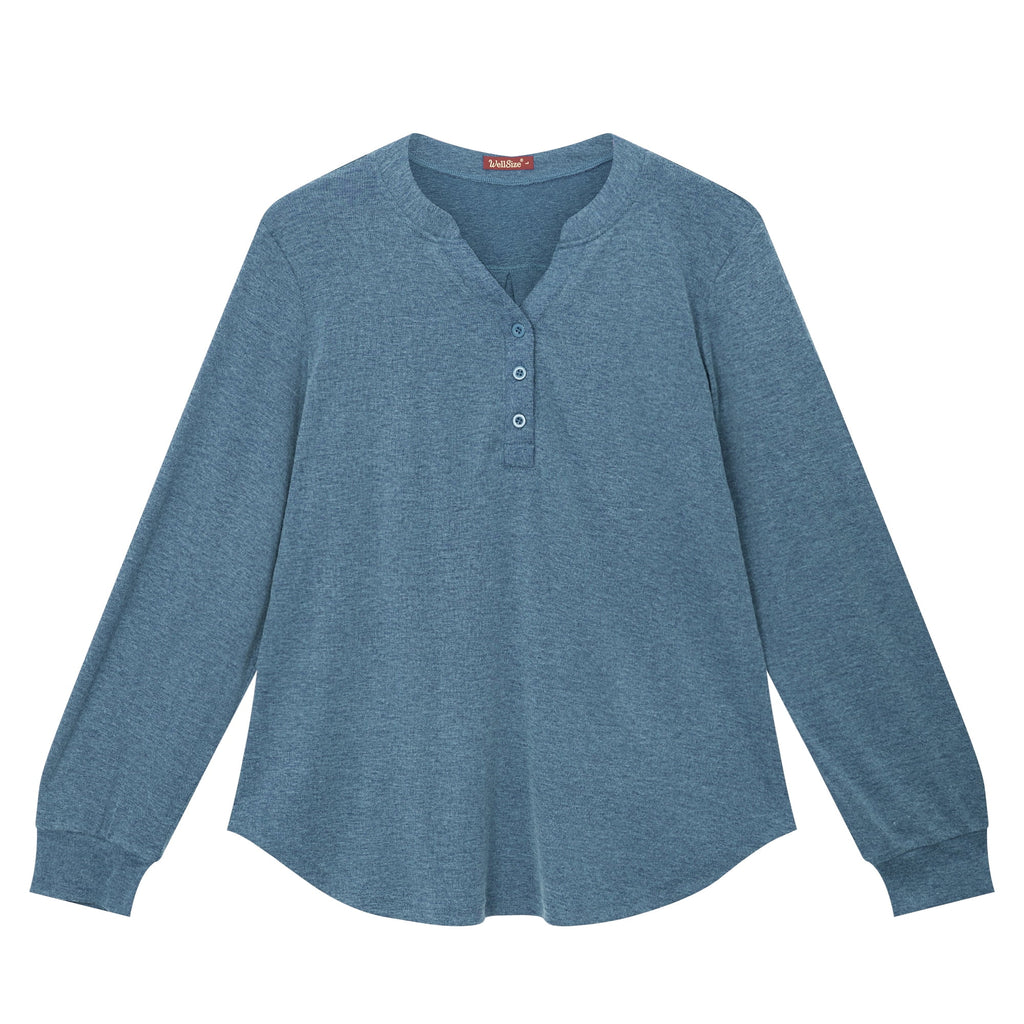 WellSize Plus Size Blouses for Women Henley V Neck Tops Casual Long Sleeve Button Shirts Fall Pullover Outfit