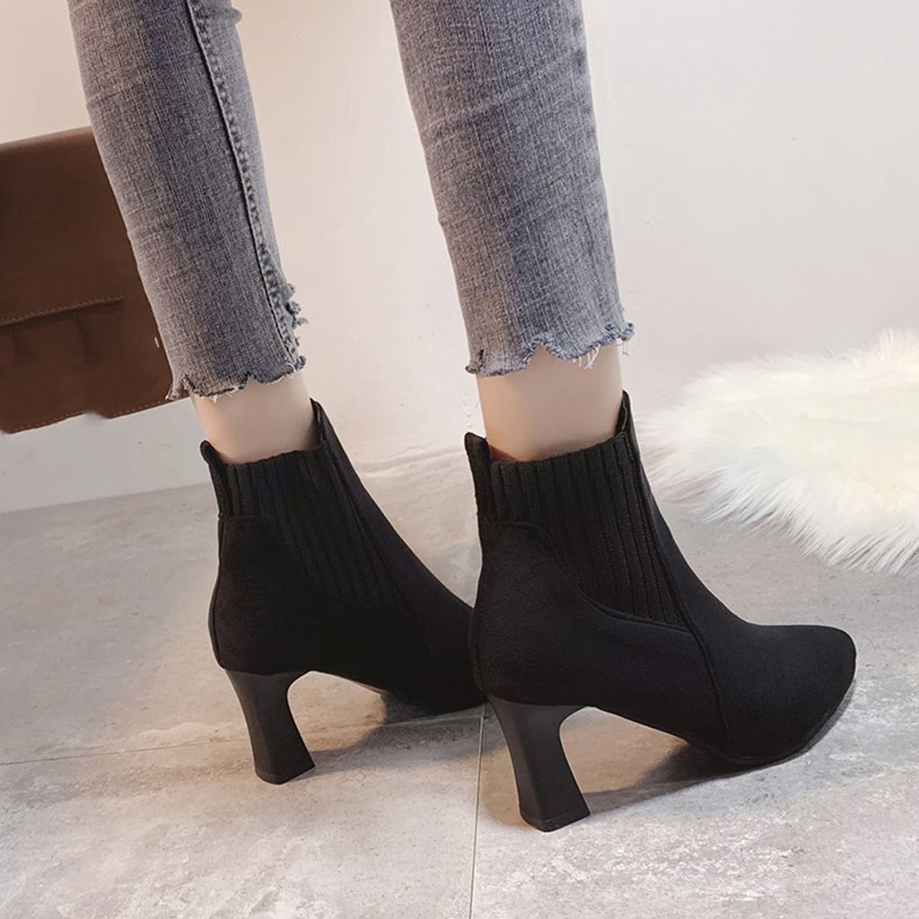 hopeusnice Women's Ankle Boots Pointed Toe Suede Block Heel Booties Elastic Side Zipper Comfortable Dress Boots Fall Winter Shoes Beige 39