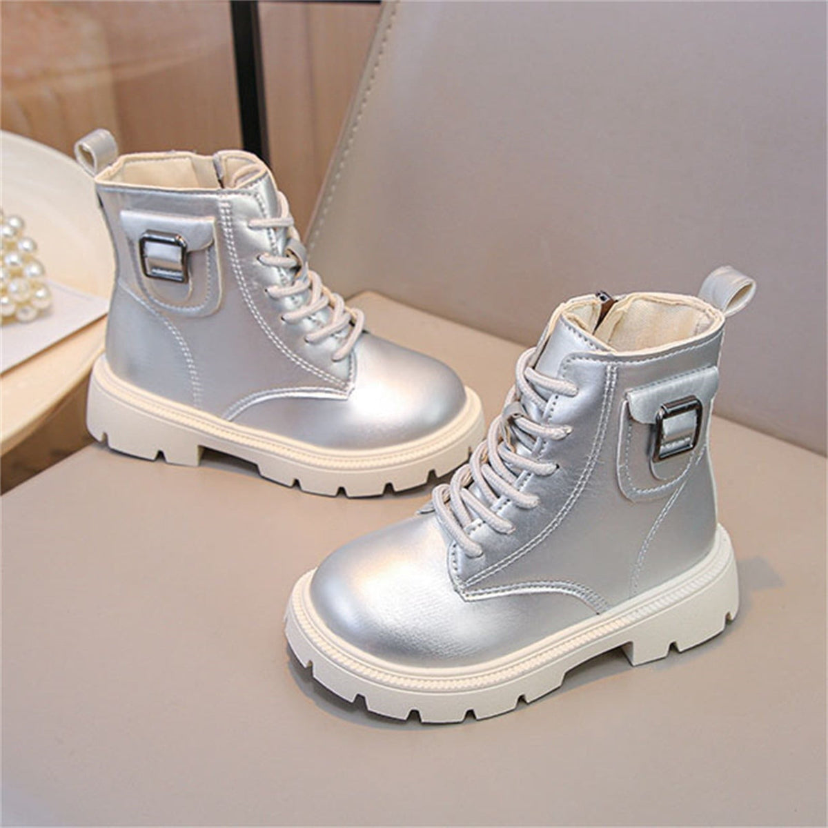 BXJX Girls Ankle Boots with Zipper, Outdoor Fall Winter Soft Sole Non-Slip Lace Up Boots Silver Size 12.5 Little Kids