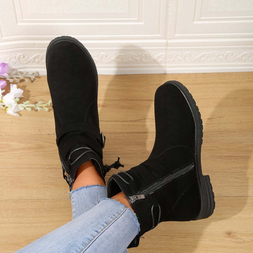 hopeusnice Women's Ankle Boots Suede Buckle Zipper Winter Booties Warm Flat Shoes Comfortable Low Heel Boots Beige 36