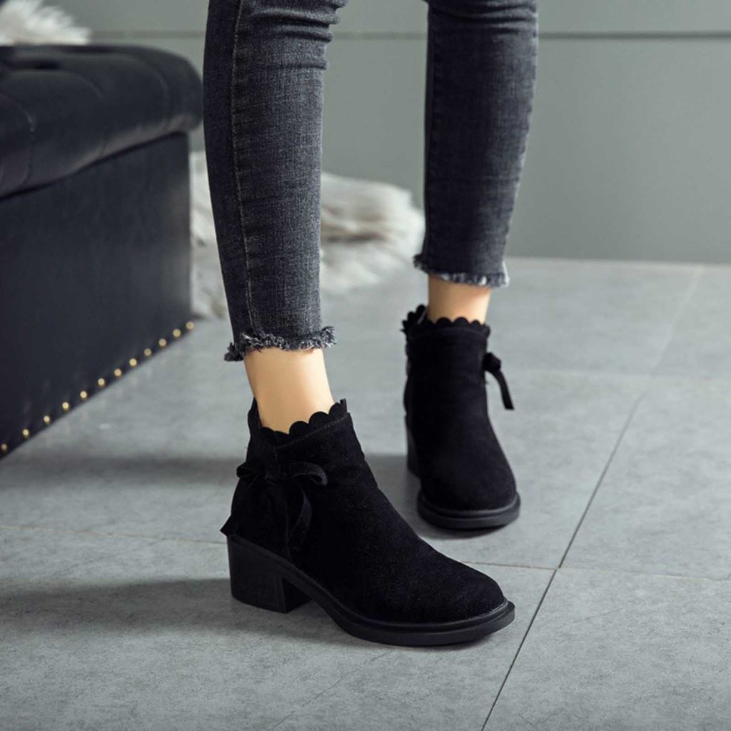 hopeusnice Women's Ankle Boots Suede Bowknot Block Heel Booties Round Toe Zipper Back Short Boots Winter Warm Comfortable Shoes Red 35