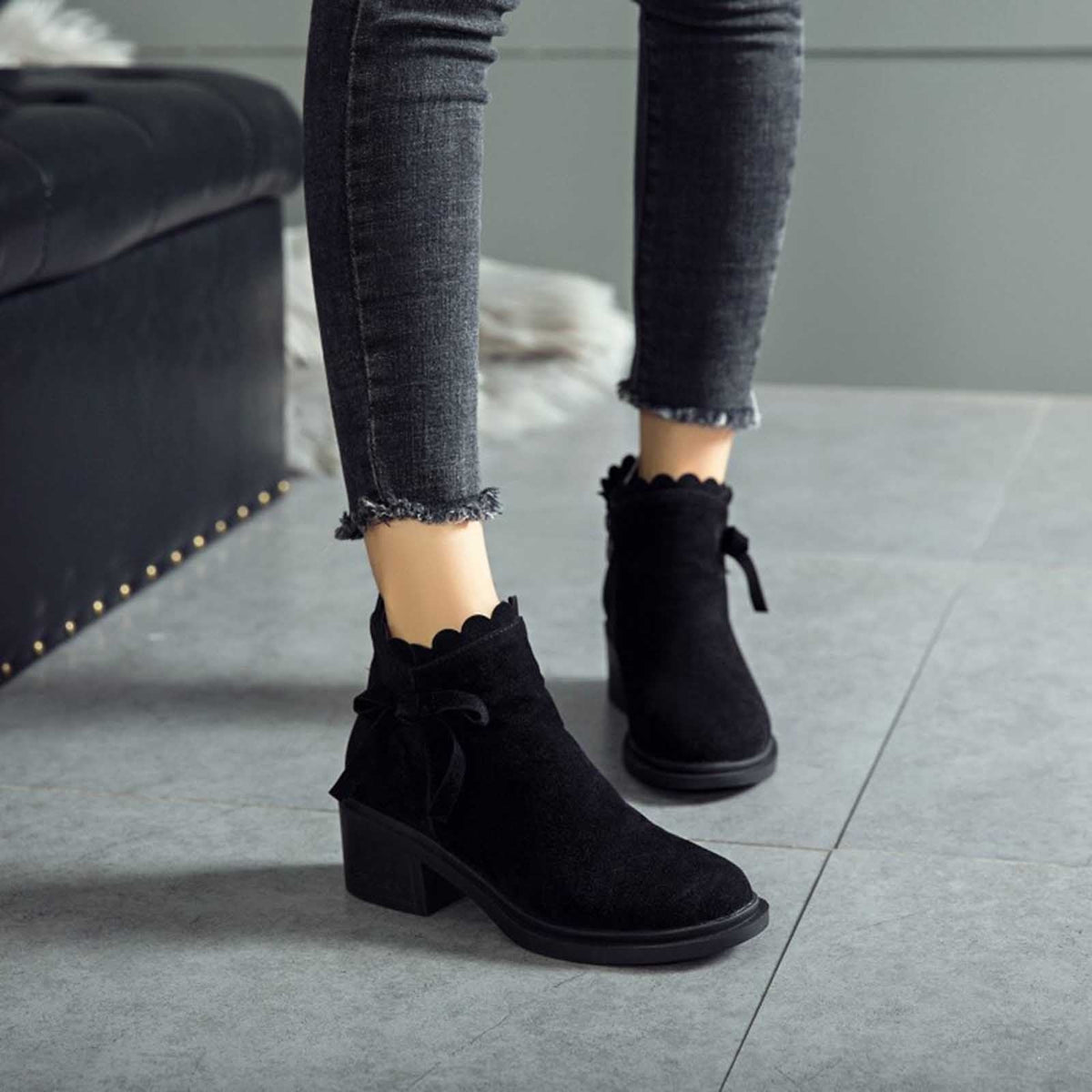 hopeusnice Women's Ankle Boots Suede Bowknot Block Heel Booties Round Toe Zipper Back Short Boots Winter Warm Comfortable Shoes Red 35