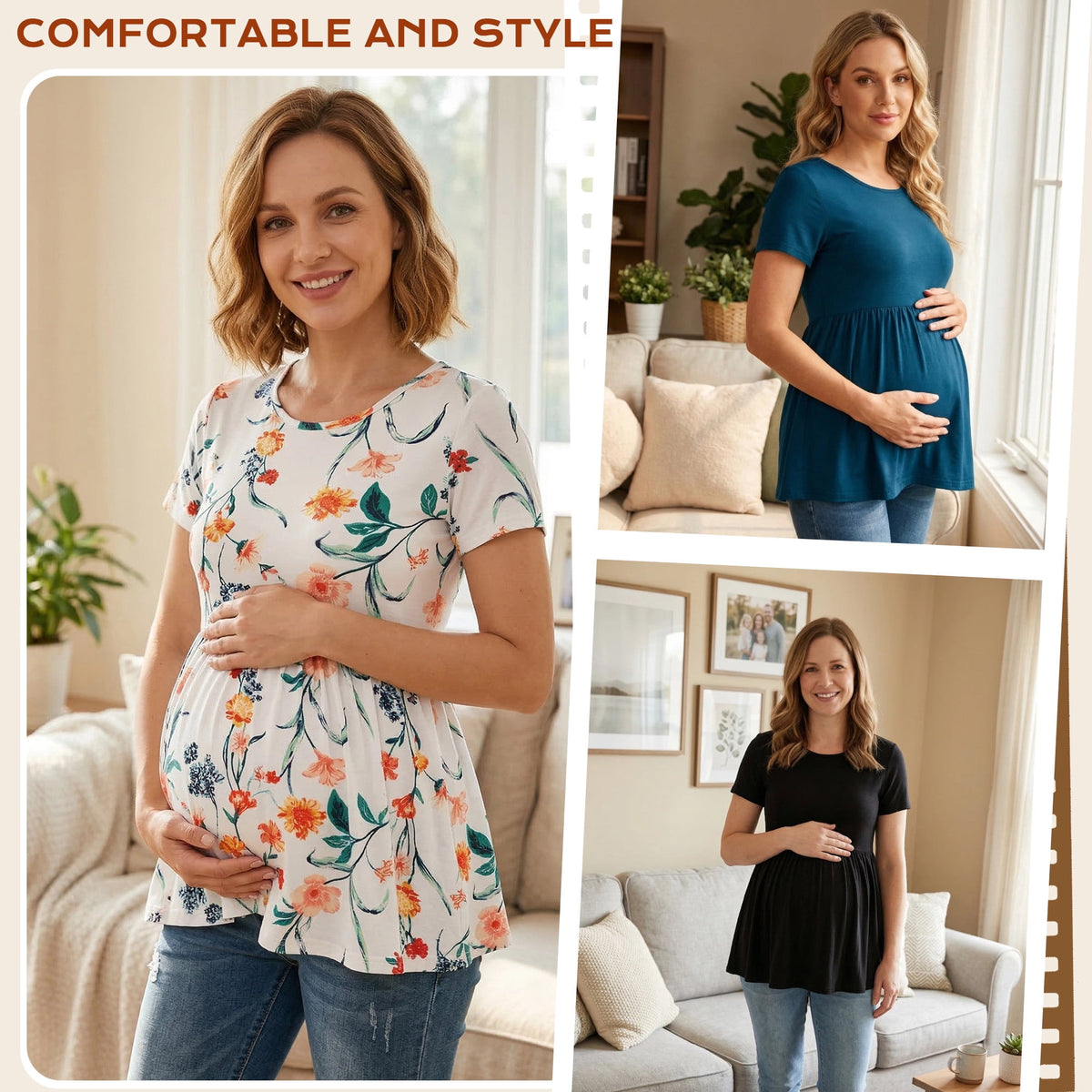 Bearsland Women's Short Sleeve Maternity Shirts Tops Pregnancy Clothes 3-Pack