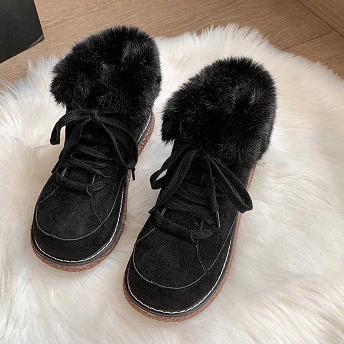 hopeusnice Women's Winter Snow Boots Fuzzy Fleece Lined Warm Ankle Booties Suede Shoes Lace Up Flats Comfortable Waterproof Shoes Black 38