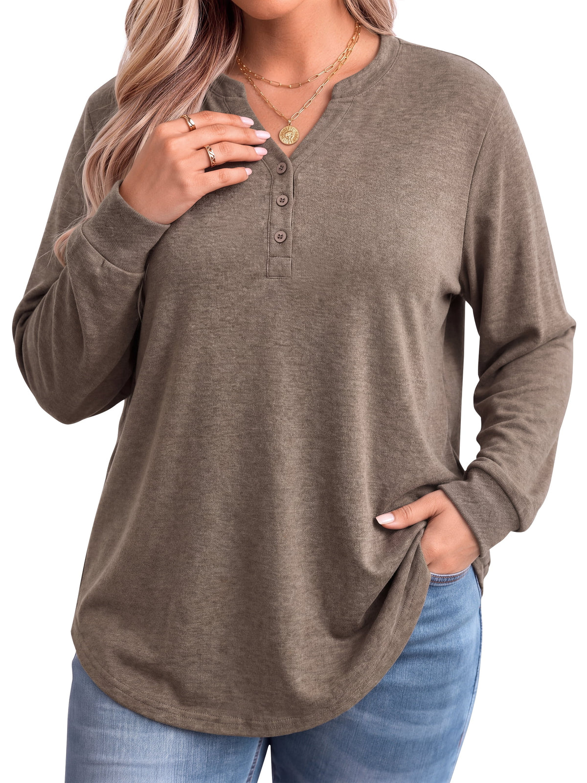 WellSize Plus Size Blouses for Women Henley V Neck Tops Casual Long Sleeve Button Shirts Fall Pullover Outfit