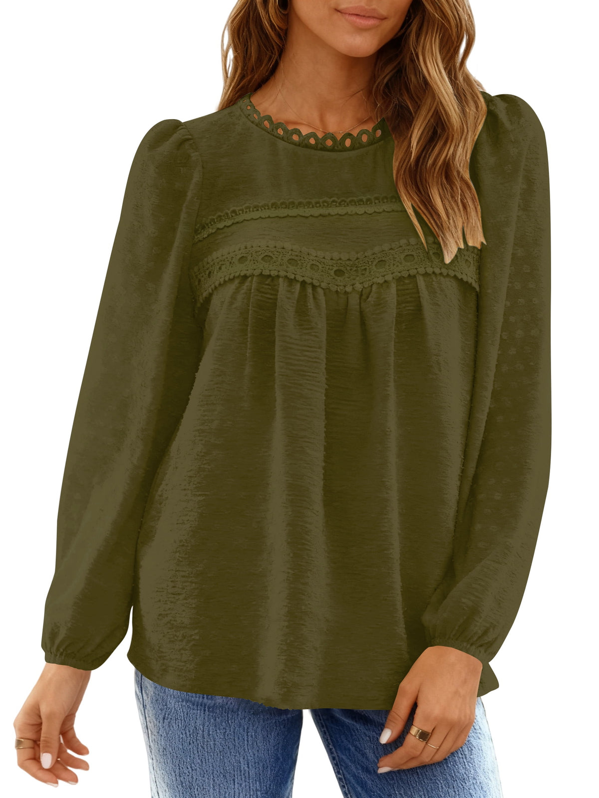 UVN Fall Shirts for Women Long Sleeve Blouses Ladies Crewneck Lace Crochet Tops Dressy Chiffon Blouses