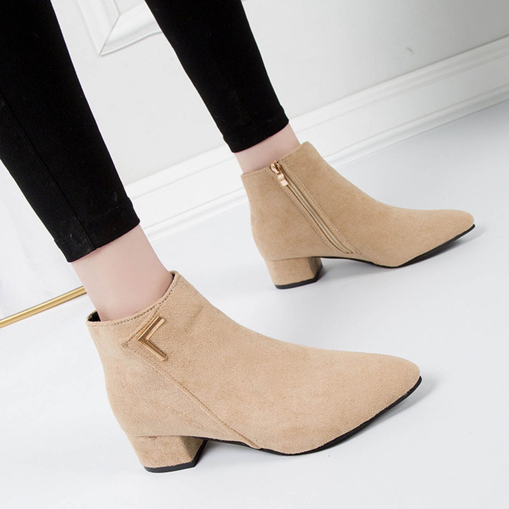 hopeusnice Women's Suede Ankle Boots Low Heel Pointed Toe Zipper Booties Comfortable Block Heel Dress Shoes Fall Winter Footwear Beige 42