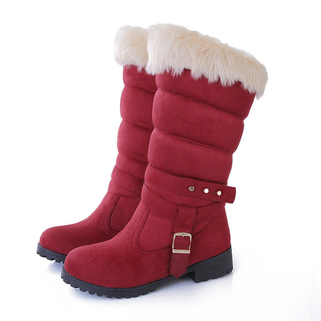 Mid Calf Boots For Women Thermal Plush Fleece Lined Suede Round Toe Chunky Mid Heels Winter Snow Boots Winter Warm Dress Long Tall Boots Blue 37