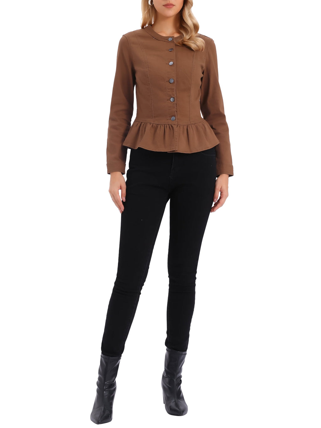 INSPIRE CHIC Women's Denim Jackets Button Down Peplum Hem Long Sleeves Cropped Jean Jackets White L
