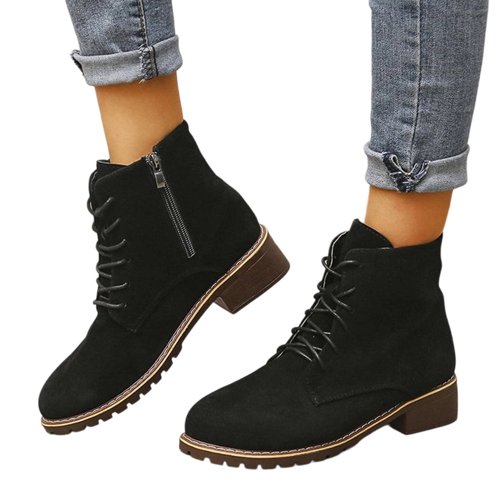 Bnwani Ankle Boots for Women Lace‑Up & Side Zipper Block Low Heel Round Toe Short Booties Black 38(US:6.5)