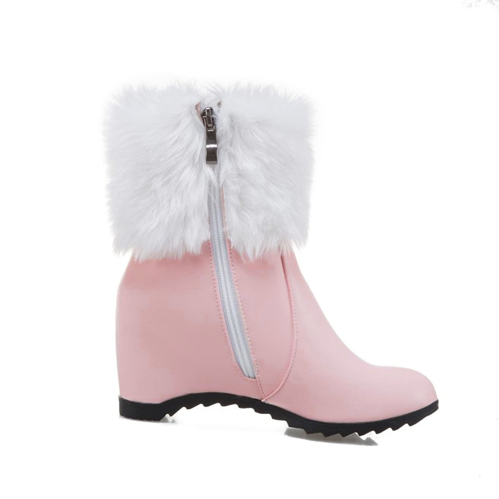 Women Winter Warm Hidden Wedge Snow Booties Leather Cute Bowknot Rhinestones Fuzzy Fleece Lined Thickening Side Zipper Ankle Boots White 39