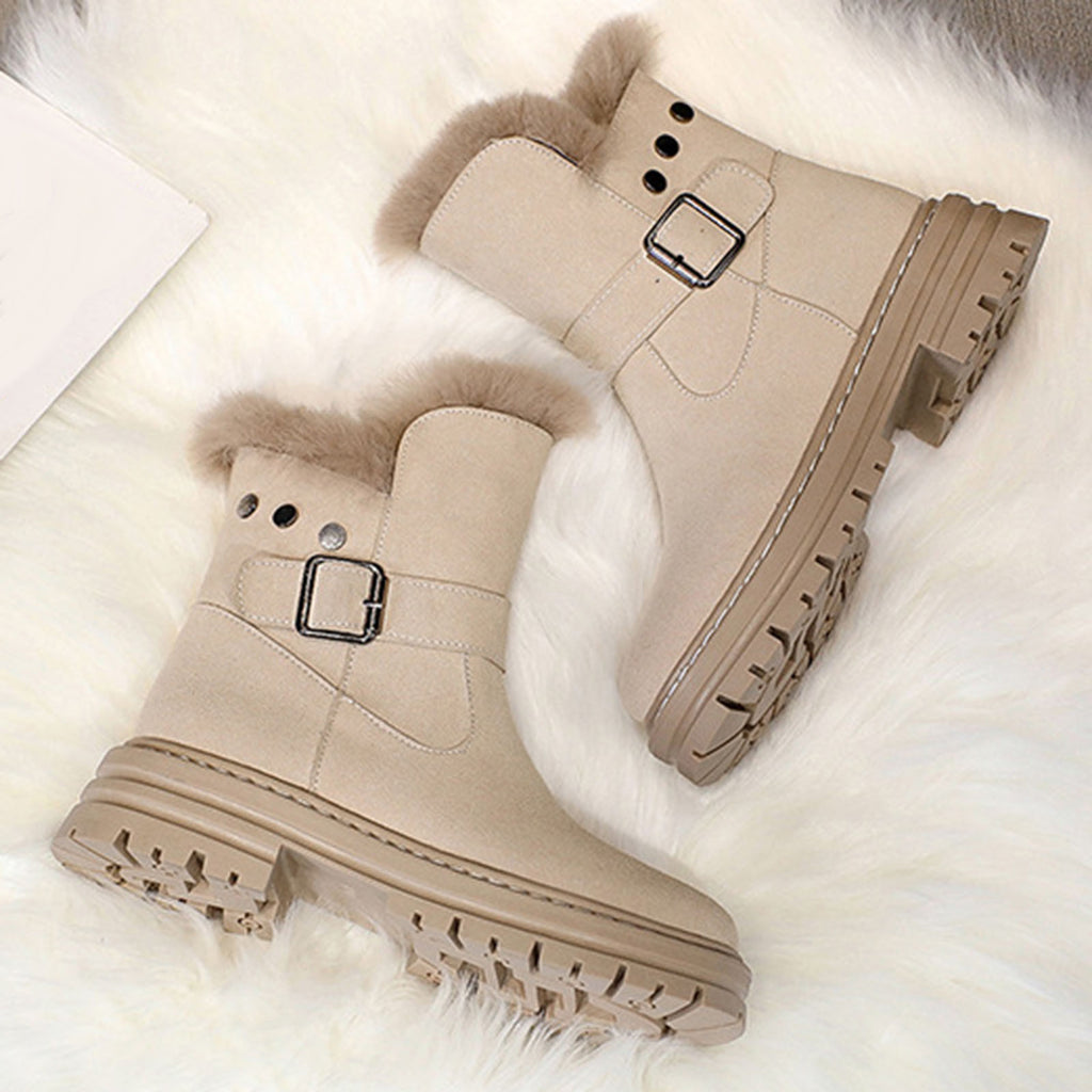 hopeusnice Women's Winter Boots Suede Buckle Ankle Booties Fuzzy Fleece Lined Warm Shoes Snow Boots Black 35