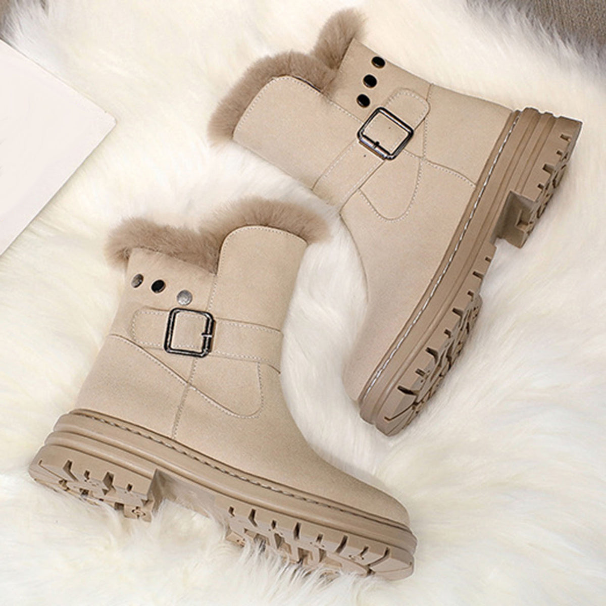 hopeusnice Women's Winter Boots Suede Buckle Ankle Booties Fuzzy Fleece Lined Warm Shoes Snow Boots Black 35