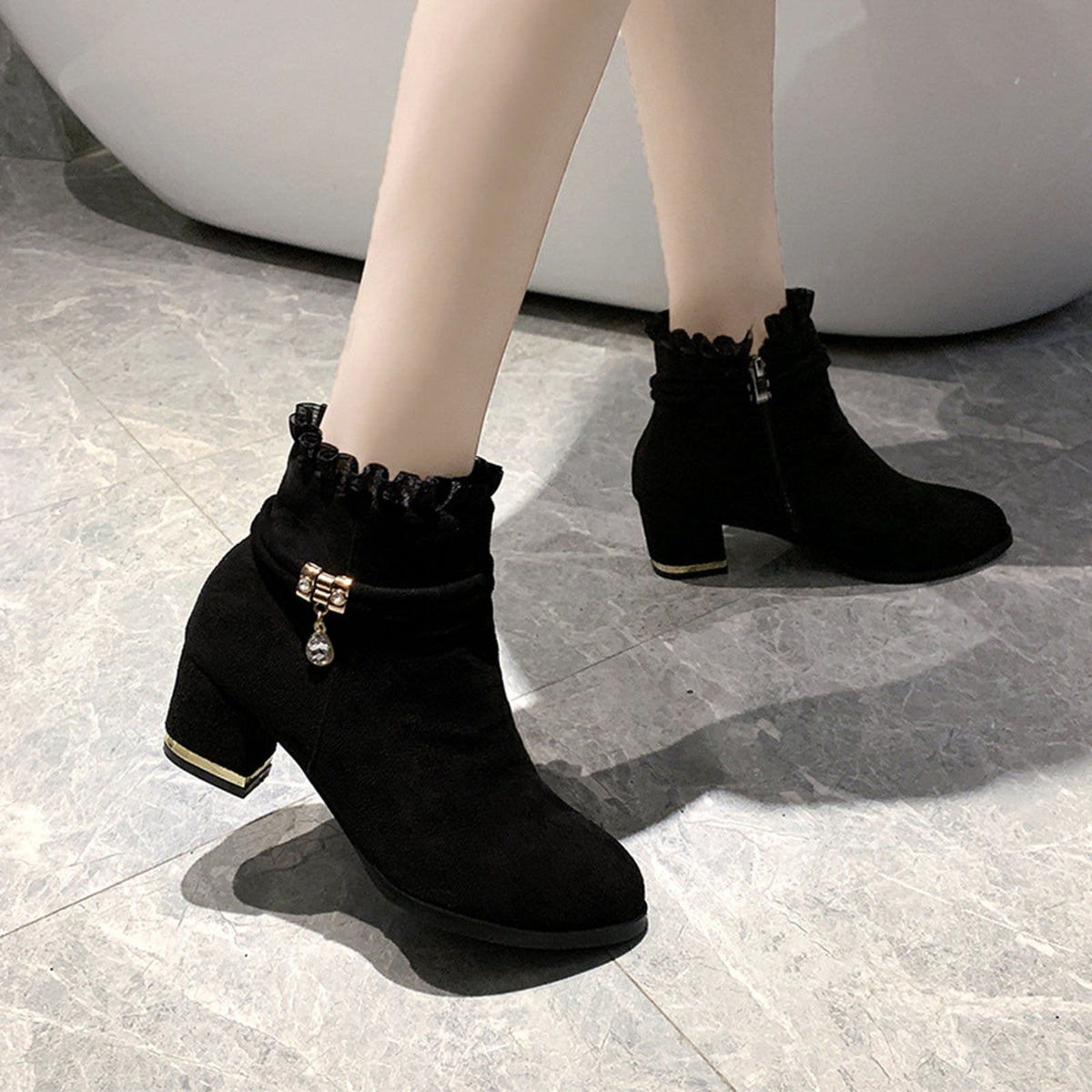 hopeusnice Women's Ankle Boots Chunky Block Low Heel Vintage Tie Knot Booties Shoes with Side Zipper Fashion Comfortable Fall Winter Shoes Black 37