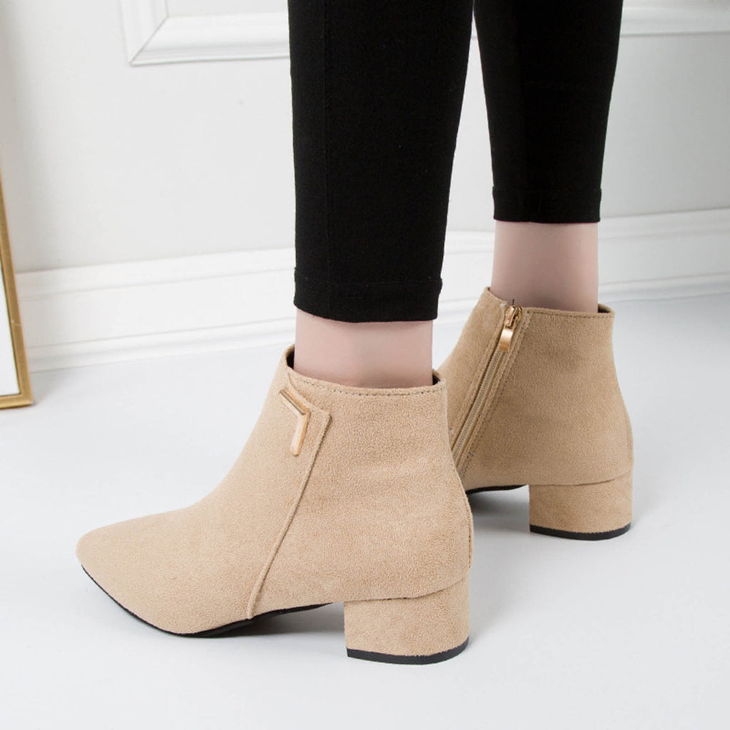 hopeusnice Women's Suede Ankle Boots Low Heel Pointed Toe Zipper Booties Comfortable Block Heel Dress Shoes Fall Winter Footwear Beige 42