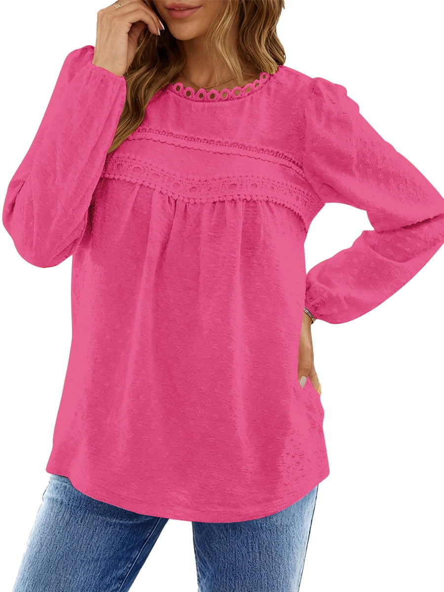 UVN Fall Shirts for Women Long Sleeve Blouses Ladies Crewneck Lace Crochet Tops Dressy Chiffon Blouses