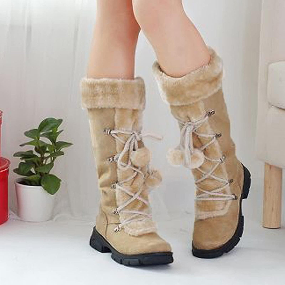 hopeusnice Women's Winter Boots Fuzzy Fleece Lined Knee High Snow Boots Warm Plush Lace Up Outdoor Ankle Boots Beige 36