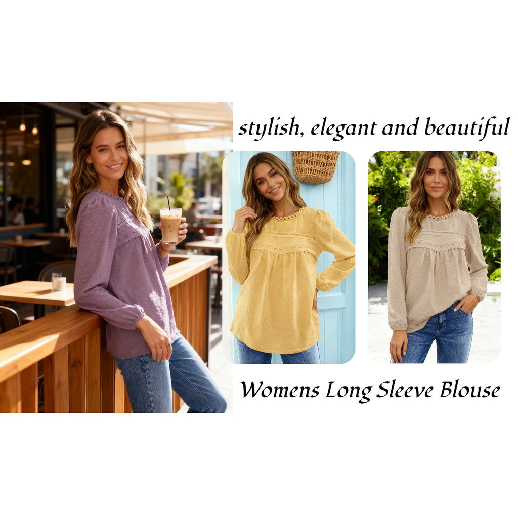 UVN Fall Shirts for Women Long Sleeve Blouses Ladies Crewneck Lace Crochet Tops Dressy Chiffon Blouses