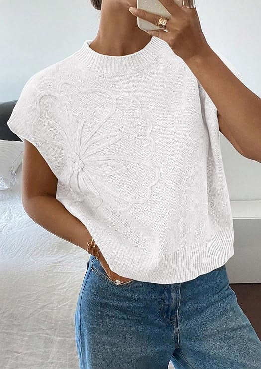 PRETTYGARDEN Women's Spring Sweater Vest Trendy Flower Knit Short Sleeve Cute Pullover Tank Tops Summer Fashion Clothing