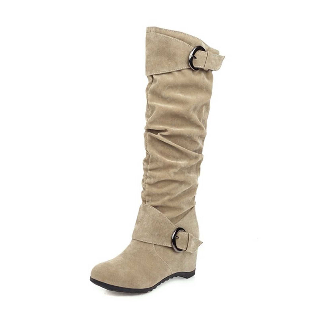 hopeusnice Women's Over The Knee Boots Suede Buckle Wedge Heel Winter Warm Boots Fashion Slouchy Boots Knee High Boots Brown 35