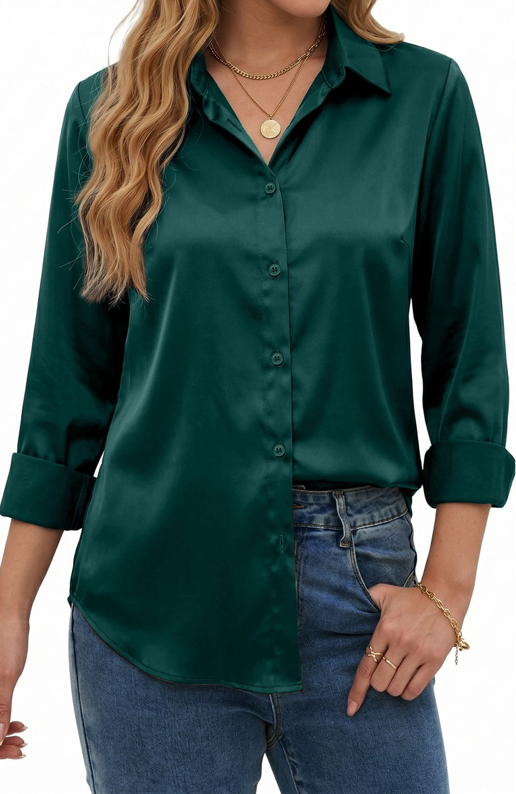 UVN Blouses for Women Long Sleeve Satin Shirts Button Down Ladies Casual Top