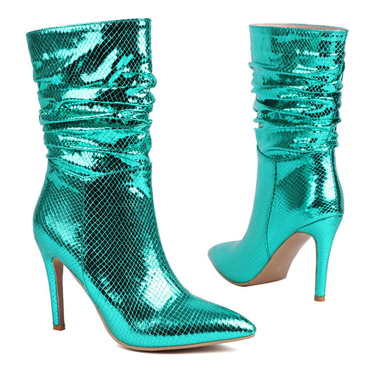 hopeusnice Women's Snake Print Pointed Toe Stilettos Heel Ankle Boots Mid Calf Pull on Green Shiny Faux Leather Party Boots Blue 35