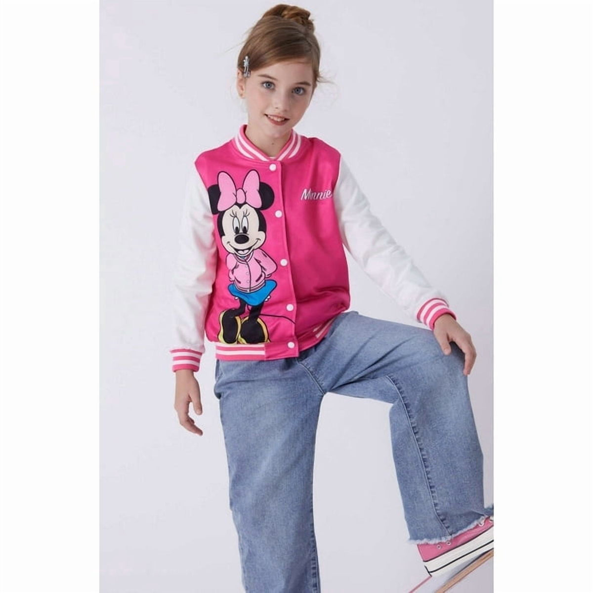 Disney Girls Bomber Jacket Minnie Mouse Colorblock Varsity Lightweight Sweatshirts Gift Fall Spring Sizes 3-10