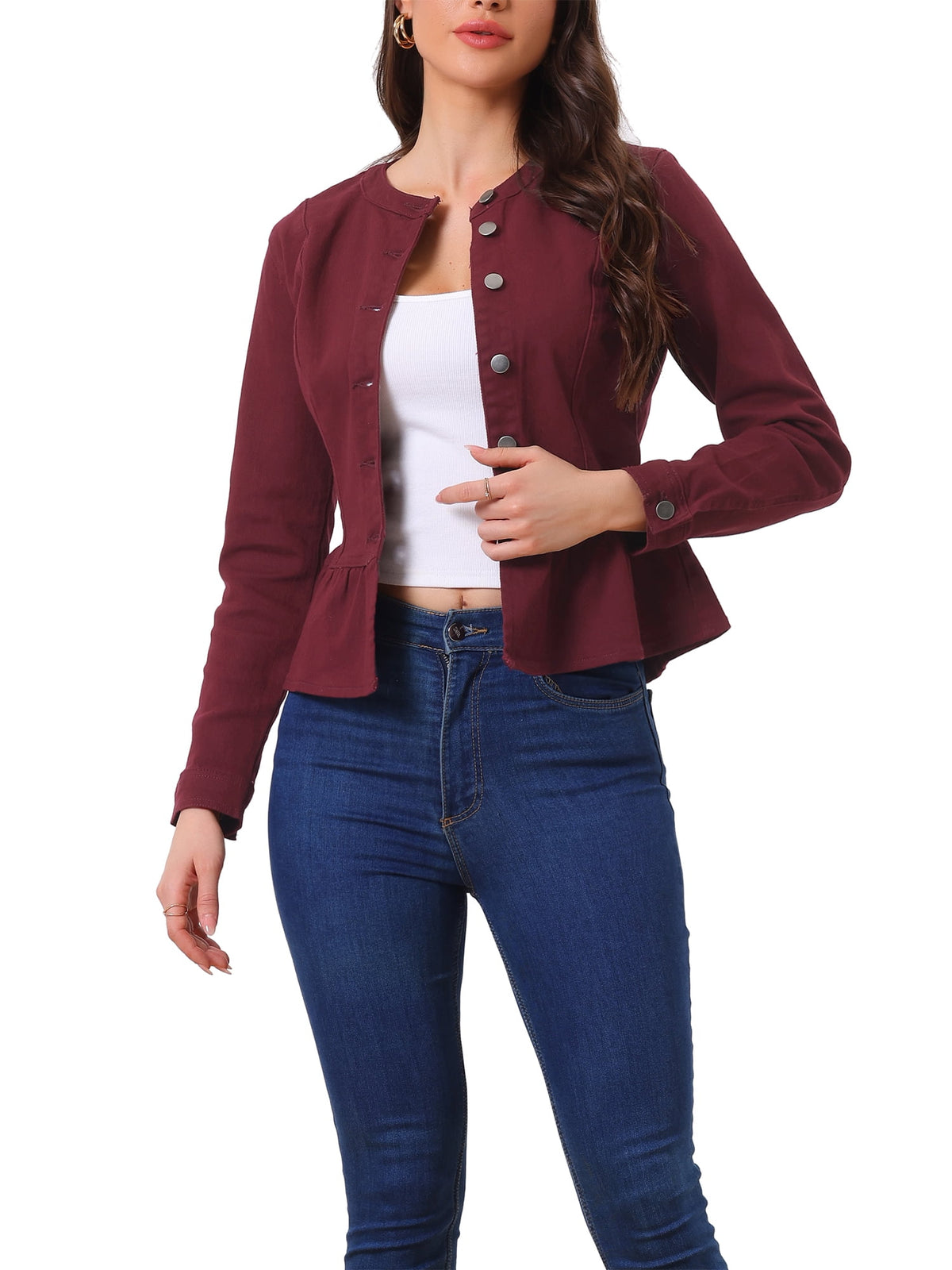 INSPIRE CHIC Women's Denim Jackets Button Down Peplum Hem Long Sleeves Cropped Jean Jackets White L
