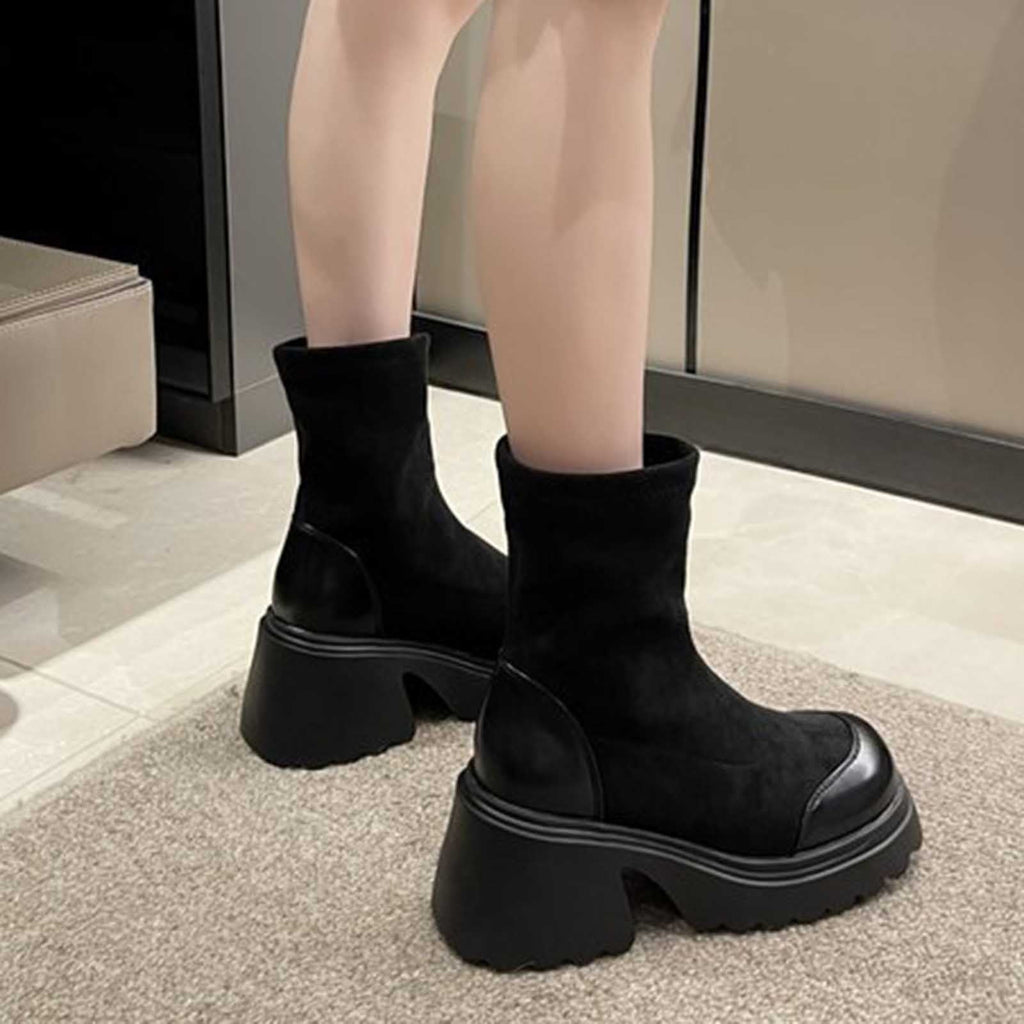 hopeusnice Women's Ankle Boots Chunky Heel Winter Warm Booties Suede Sock Boots Outdoor Fashion Shoes Winter Warm Boots Black 41