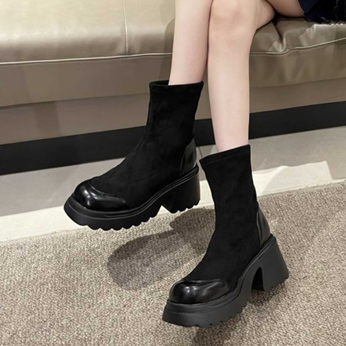 hopeusnice Women's Ankle Boots Chunky Heel Winter Warm Booties Suede Sock Boots Outdoor Fashion Shoes Winter Warm Boots Black 41