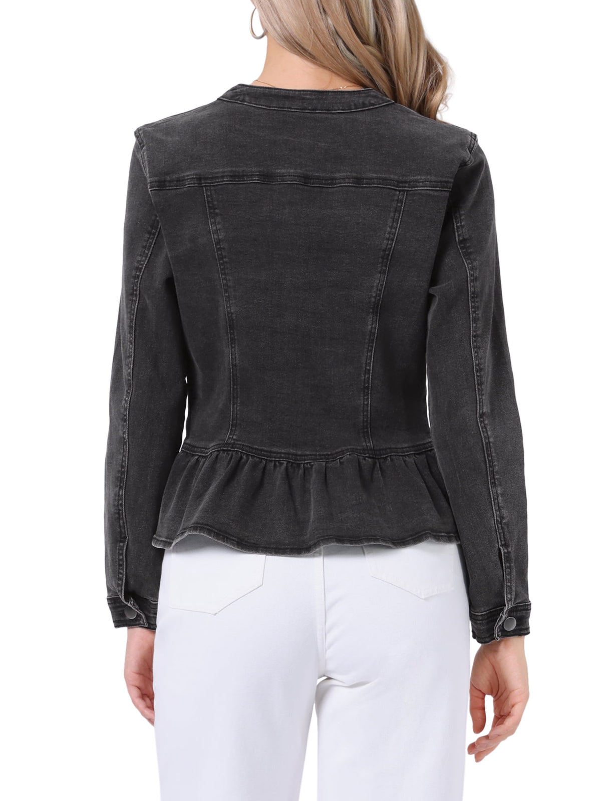 INSPIRE CHIC Women's Denim Jackets Button Down Peplum Hem Long Sleeves Cropped Jean Jackets White L
